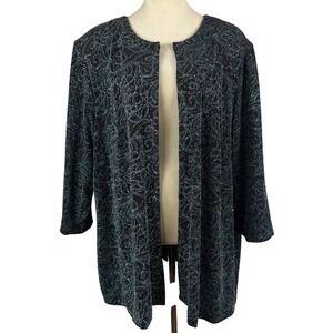 Alex Evenings Women's XL Open Front Cardigan Blazer Sparkle Black Teal Paisley‎
